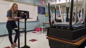 Fifth grade teacher Kelly Shearon teaches students online from her empty classroom at Lakewood Elementary in Durham on the first day of school, August 17, 2020.