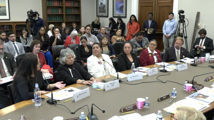 A panel of women testifying on Nov. 20, 2024, to the House Appropriations Committee oversight hearing on Investigating the Crisis of Missing and Murdered Indigenous Women listen as Maulian Bryant (left) spoke about the challenges her Penobscot Nation faces in accessing resources to find missing people. From left to right: Mary Jane Miles, Cheryl Horn, Abigail Echo-Hawk and Eugenia Charles-Newton.