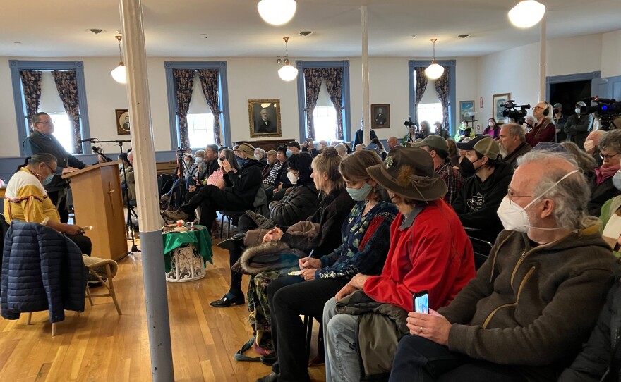 A crowd of supporters listened to Chief Henry Red Cloud of the Oglala Lakota in South Dakota. He came to Massachusetts in April 2022 to ask the Barre Museum Association to return his ancestors' items.