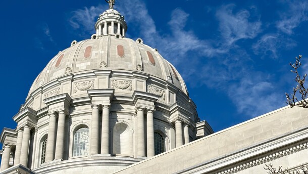 A close up of the dome on top of the Missouri state capitol building. 