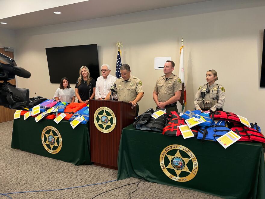 Fresno County Sheriff John Zanoni speaks during a press conference announcing the distribution of life jackets.
