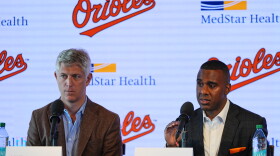 Baltimore Orioles General Manager Jared Banner, right, speaks during an introductory press conference with President of Baseball Operations Mike Elias in Baltimore, Tuesday, Oct. 27, 2026. (AP Photo/Stephanie Scarbrough)