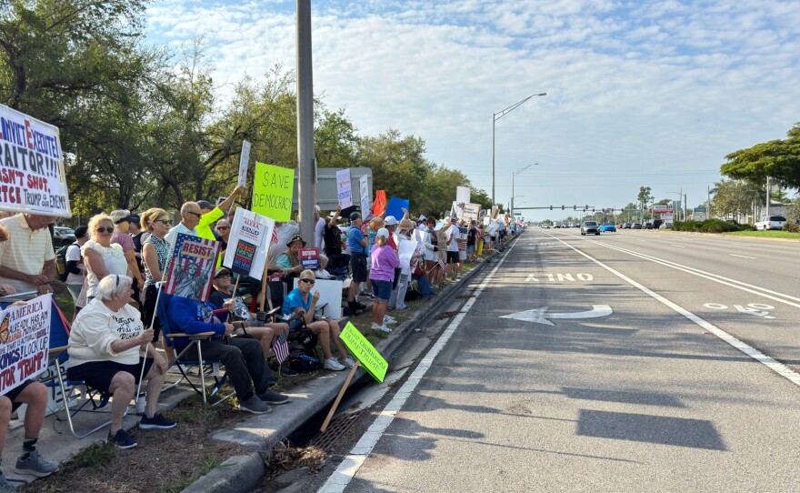 Protesters line U.S. 41 near Daniels Parkway on Saturday, March 28, 2026, for the No Kings rally.