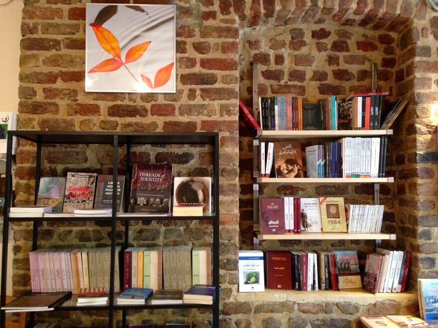 Arabic- and English-language books are displayed in the new Syrian-run Pages bookstore in Istanbul. Titles in Turkish and French are also available.