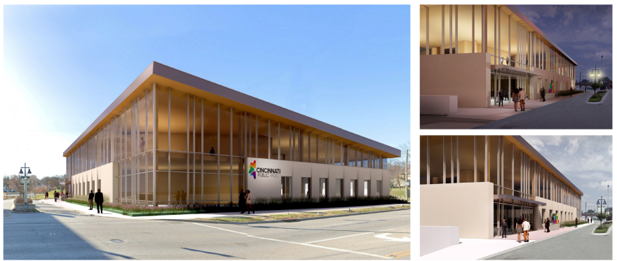 Three artist's renderings of the new Cincinnati Public Radio headquarters on Dana Avenue.