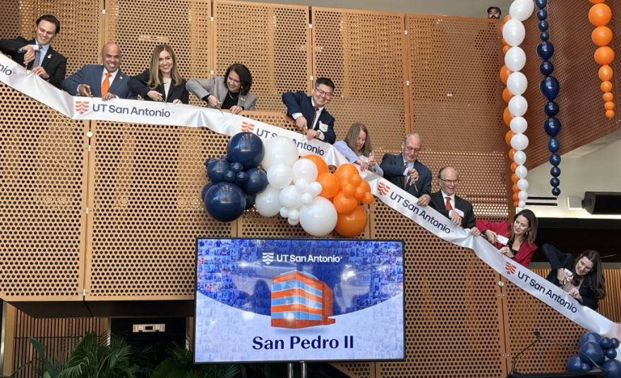 UT San Antonio staff and supporters cut the ribbon for the opening of San Pedro II