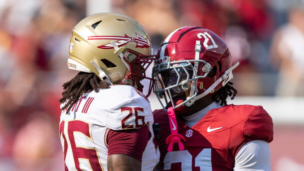 Florida State defensive back Ricky Knight III (26) and Alabama defensive back Dre Kirkpatrick Jr. (21) exchange words after a kickoff during the first half of an NCAA college football game Saturday, Sept. 19, 2026, in Tuscaloosa, Ala. (AP Photo/Vasha Hunt)