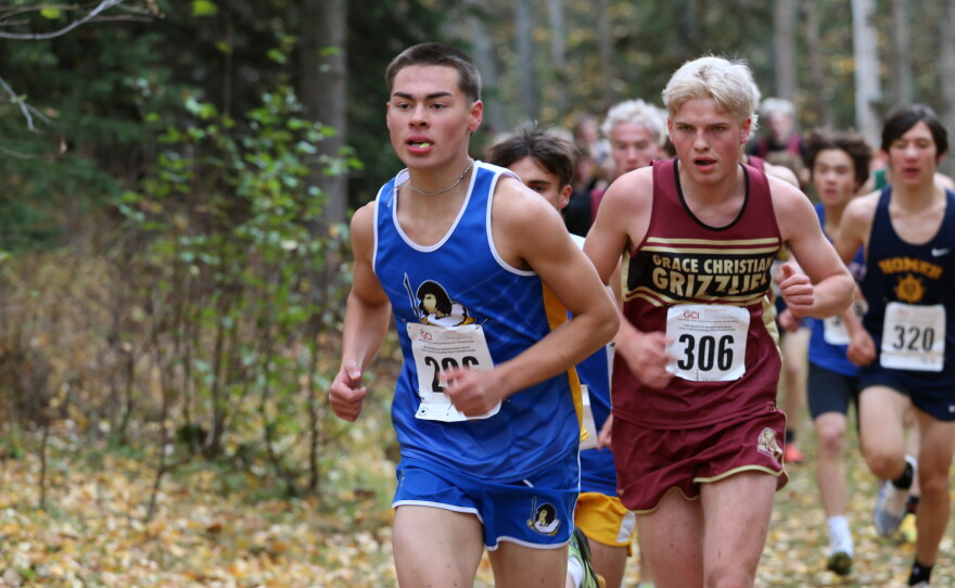 Runners compete at the ASAA cross-country running state championships in Anchorage on Oct. 3, 2026.