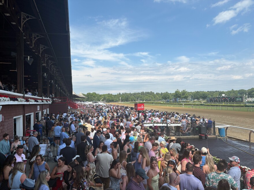 Fans pack in along the rail at Saratoga Race Course on Belmont Stakes Day on Saturday, June 6, 2026.