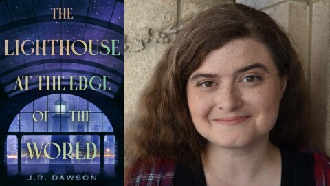 Book cover for "The Lighthouse at the Edge of the World" and a photo of the author.