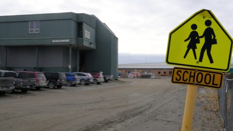 A road sign marks the road towards the Lower Kuskokwim School District offices and the Bethel High School on October 9, 2023. The district is a recipient of Alaska Native Education Program grant funding.