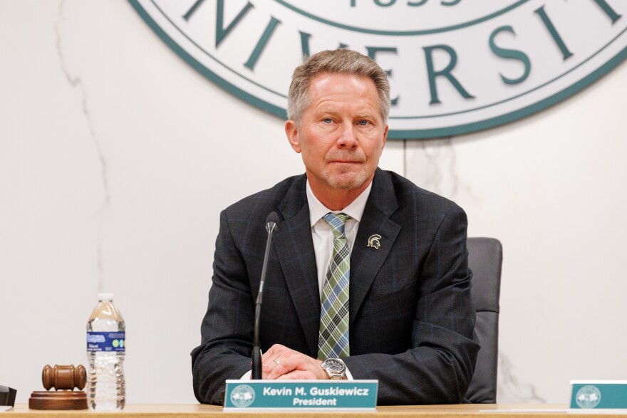 Michigan State University President Kevin Guskiewicz at a meeting of the Board of Trustees in East Lansing, Mich., on Feb. 7, 2025.
