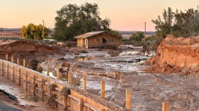 A home was inundated by mud and water in the Navajo Nation community of Dennehotso following region-wide heavy rain and flooding during the week of Oct. 19, 2026.
