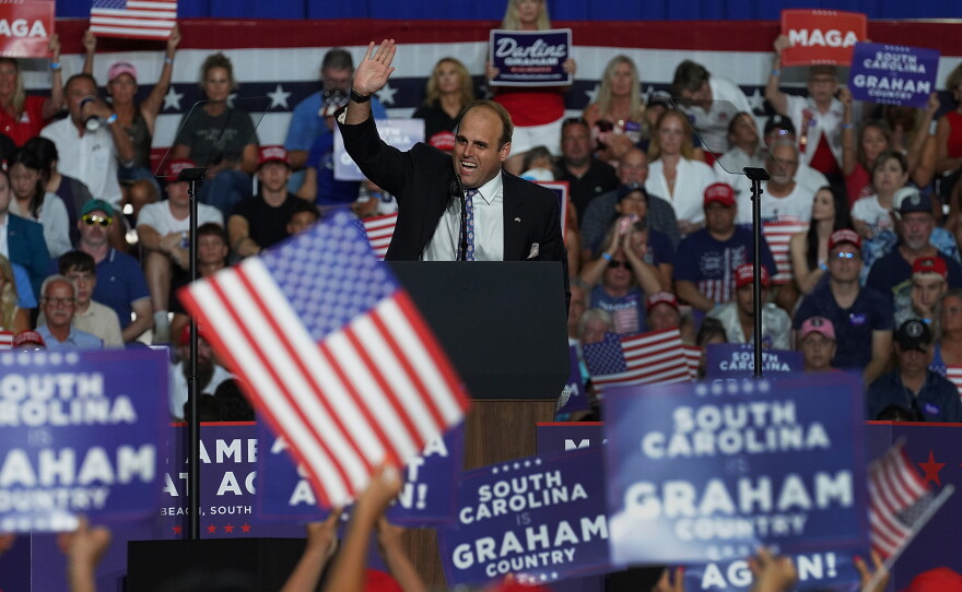 South Carolina Commissioner of Agriculture Republican nominee Cody Simpson speaks before President Donald Trump and Sen. Darline Graham during a rally with thousands of supporters at the Myrtle Beach Convention Center on Aug. 21, 2026.