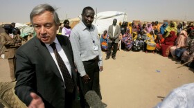 Antonio Guterres, the United Nations High Commissioner for Refugees, speaks to the press during a visit to camp Andalusia for internally displaced people from southern Sudan, some 30 kms south of the capital Khartoum.