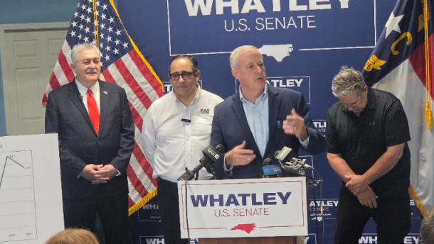 Republican Michael Whatley campaigned in Gastonia Thursday.