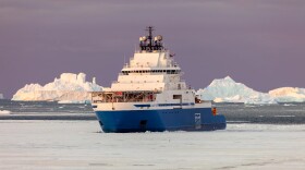 The icebreaker Aiviq completing refueling operations at Davis Research Station, Antarctica.