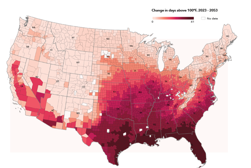 This map shows the predicted increase in the number of dangerous days between 2023 and 2053– days when the heat index is above 100 degrees – across the United States. Parts of Missouri will see an increase of up to 41 more dangerous days.