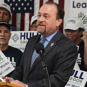 Republican gubernatorial nominee Gregg Hull introduces his plan for phasing out state income tax for all New Mexicans during a news conference in Albuquerque, N.M., on Oct. 5, 2026.