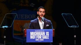 Abdul El-Sayed, a progressive candidate in the Democratic primary for U.S. Senate in Michigan, speaks during a primary election night event Wednesday, Aug. 5, 2026, at the Majestic Theatre in Detroit. (Julia Demaree Nikhinson/AP)