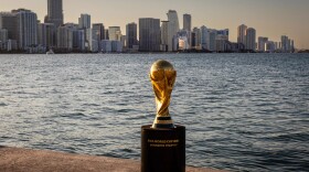FILE - The FIFA World Cup 2026 Winner's Trophy is seen at Key Biscayne in Miami, Florida.