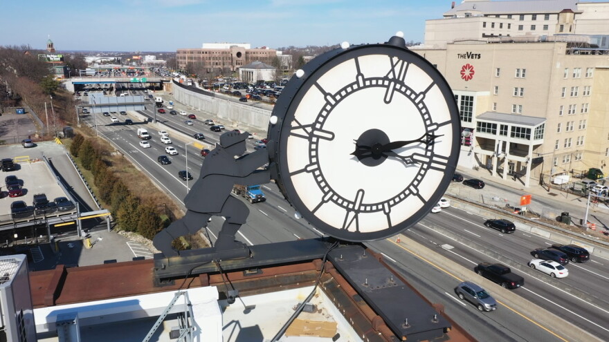 "Foundry Clock Man" overlooks Interstate 95 in Providence. It is one of Peter Diepenbrock's many creations.
