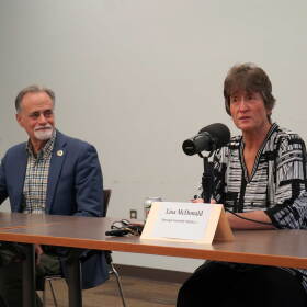 Peter Micciche and Lisa McDonald participate in a candidate forum hosted by KDLL 91.9 FM at the Soldotna Public Library in Soldotna, Alaska, on Thursday, Oct. 15, 2026.