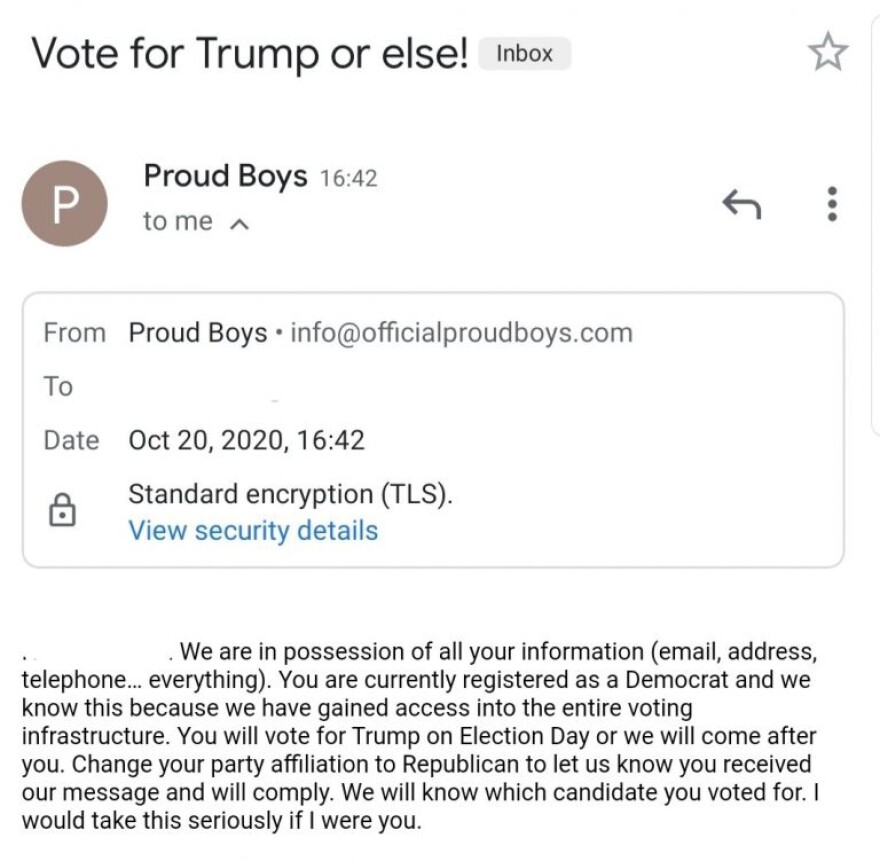 This email was sent to registered Democrats in Alachua County by a sender claiming to be from the Proud Boys, an extremist far-right group established in 2016.