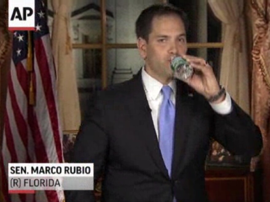 In this frame grab from video, Florida Sen. Marco Rubio takes a sip of water during his Republican response to then-President Barack Obama's State of the Union address, Tuesday, Feb. 12, 2013.