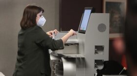 Claire Woodall-Vogg, executive director of the Milwaukee election commission collects the count from absentee ballots from a voting machine on November 04, 2020 in Milwaukee, Wisconsin.  
