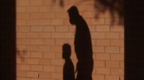 FILE - In this Friday, Oct. 9, 2020 file photo, the shadows of a school employee escorting a student are cast on the wall as they walk to a classroom on the first day of class at an elementary School in Davie, Fla. (AP Photo/Wilfredo Lee)