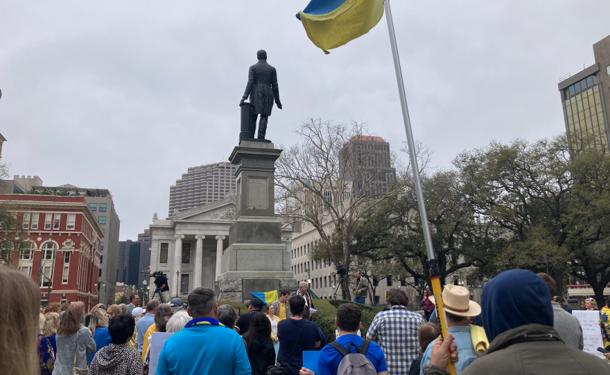 Protestors gathered in Lafayette Square in New Orleans to protest the Russian invasion of Ukraine