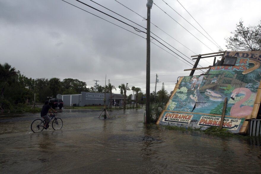 A cyclist rides past the iconic Everglades Wonder Gardens sign that damaged by Hurricane Irma in downtown Bonita Springs, Fla., Monday, Sept. 11, 2017. (Nicole Raucheisen/Naples Daily News via AP)