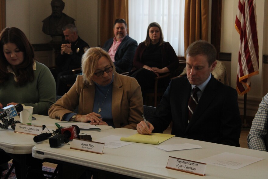 Gov. Janet Mills and Maine Attorney General Aaron Frey listen as mayors from half a dozen cities describe the impact of the ICE crackdown on their residents and businesses. Gov. Mills convened the roundtable discussion Wednesday, Jan. 28, 2026 in Portland.