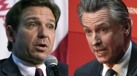 Side by side photos of DeSantis and Newsom.