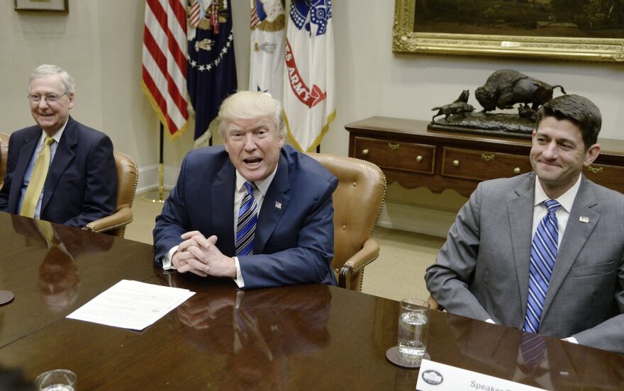 President Trump speaks as Senate Majority Leader Mitch McConnell (left) and House Speaker Paul Ryan listen during a meeting with House and Senate leadership in the Roosevelt Room of the White House, on June 6, 2017 in Washington, D.C. (Olivier Douliery-Pool/Getty Images)