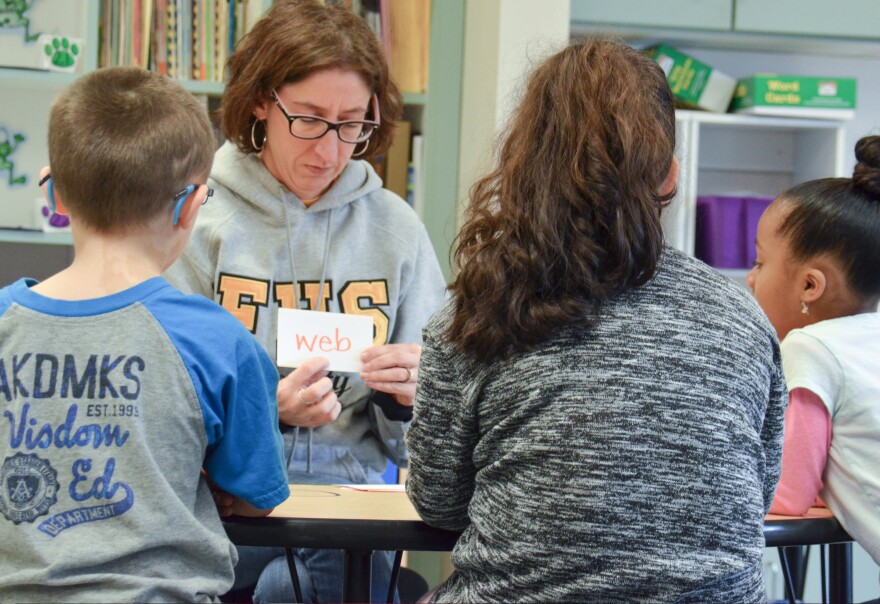 Traci Millheim tries out a new lesson with her kindergarten class at Lincoln Elementary in Bethlehem, Pa.