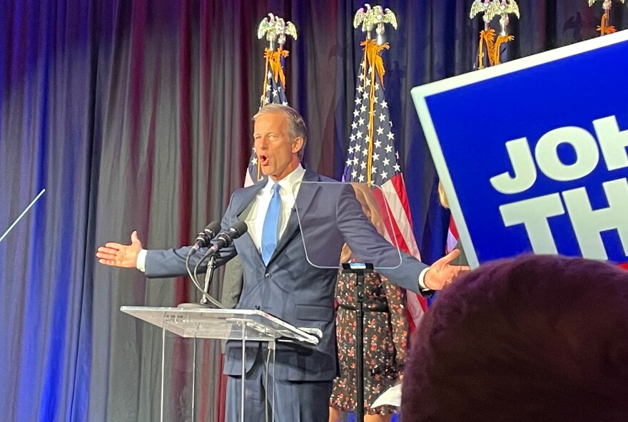 Sen. John Thune speaks at the GOP election night party on Nov. 8, 2022 shortly after he won reelection.