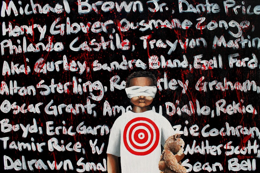 Andre Rochester created <em>Next In Line </em>following the killings of Philando Castile and Alton Sterling — two African American men shot by police in 2016. Rochester uses <a href="https://www.andrerochester.com/">his art</a> to raise money for positive solutions to create change.