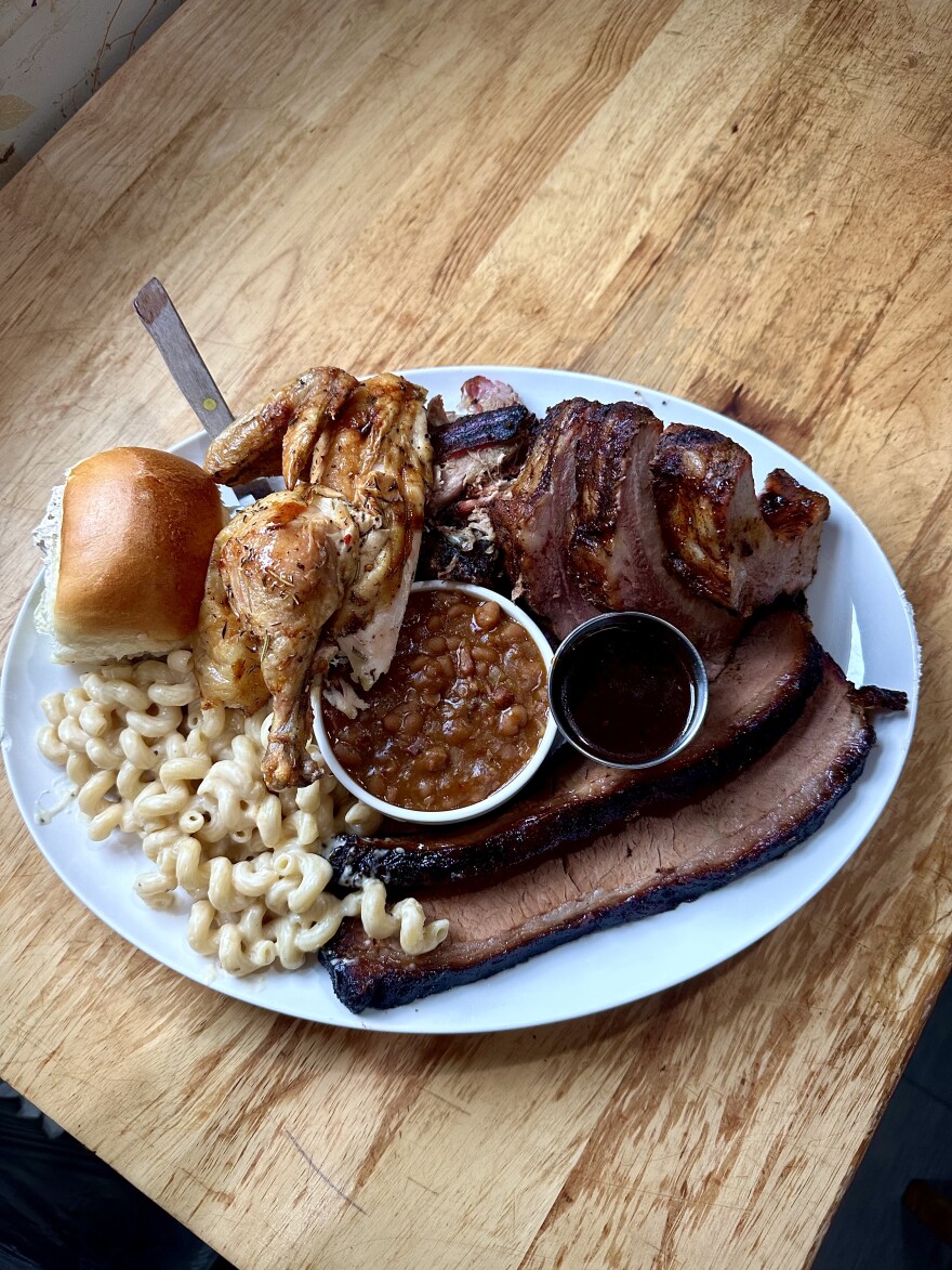 The BBQ Platters are for large appetites or shareable portions. The offering includes brisket, smoked chicken and St Louis style ribs and is served with Huck BBQ and Carolina Gold sauces on the side. The diner can choose two side dishes of braised greens, refried beans, coleslaw, tater salad, house brown rice, mac n cheese and baked beans.