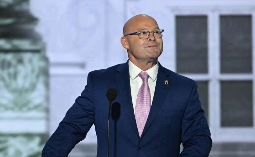 General President of the International Brotherhood of Teamsters Sean O'Brien points as he speaks during the first day of the 2024 Republican National Convention.