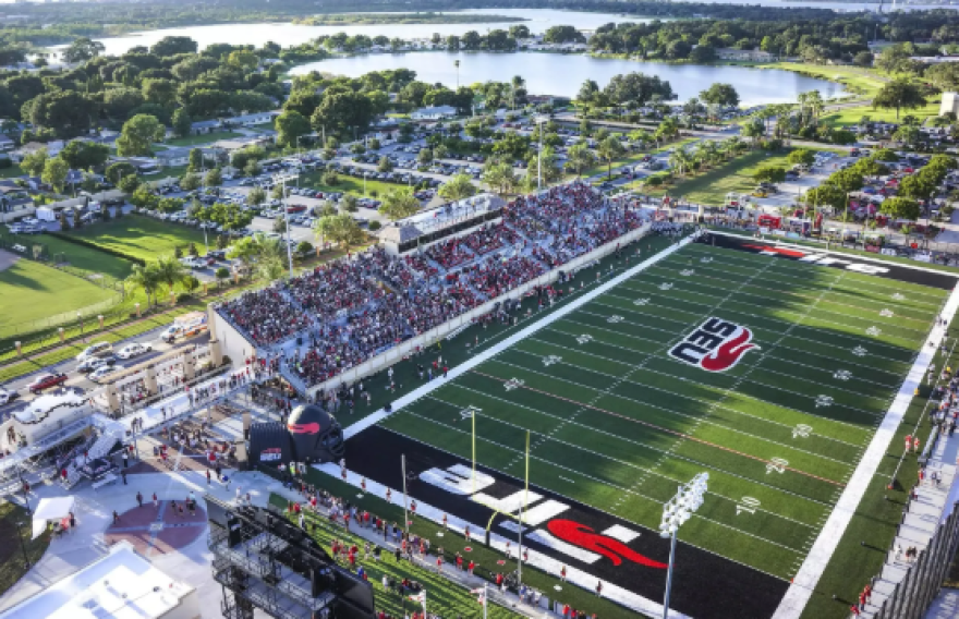 Aerial view of a football stadium with trees and water to the left