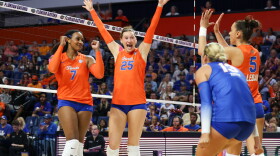 Florida middle blocker Alec Rothe (25) celebrates with her team during an NCAA volleyball game against Kentucky, Sunday, Oct. 4, 2026, in Gainesville, Fla. (Reagan Bresnahan/WRUF).
