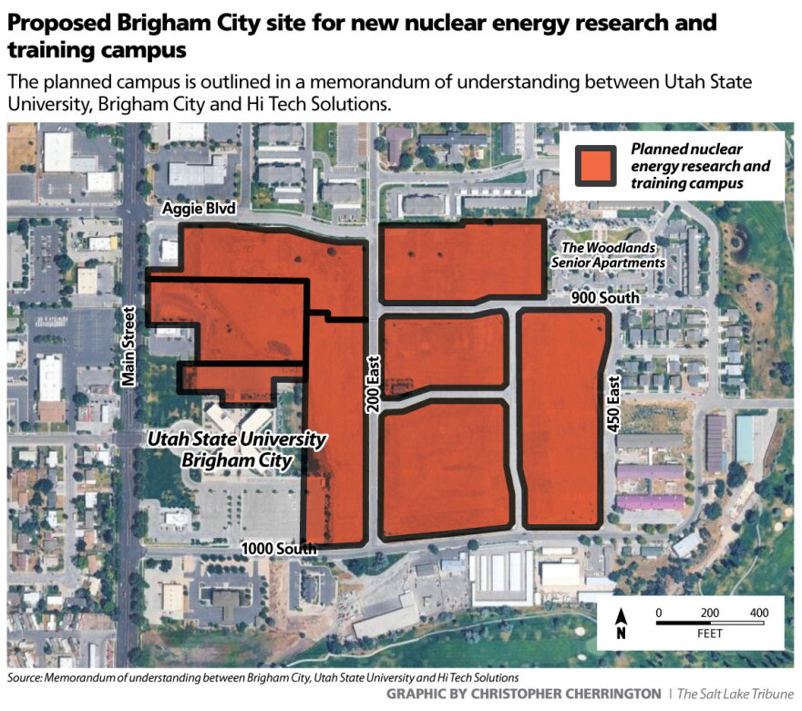 A map of the Utah State University Brigham City campus. There's red overlay showing where the nuclear energy research and training campus would be placed. It stretches from Aggie Boulevard to 1000 South, and from Main Street to 450 East.