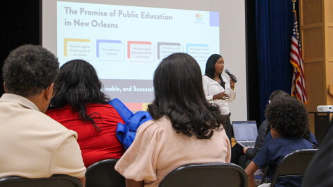 Superintendent Fateama Fulmore speaks to families at Fannie C. Williams in New Orleans East on Oct. 15, 2026.