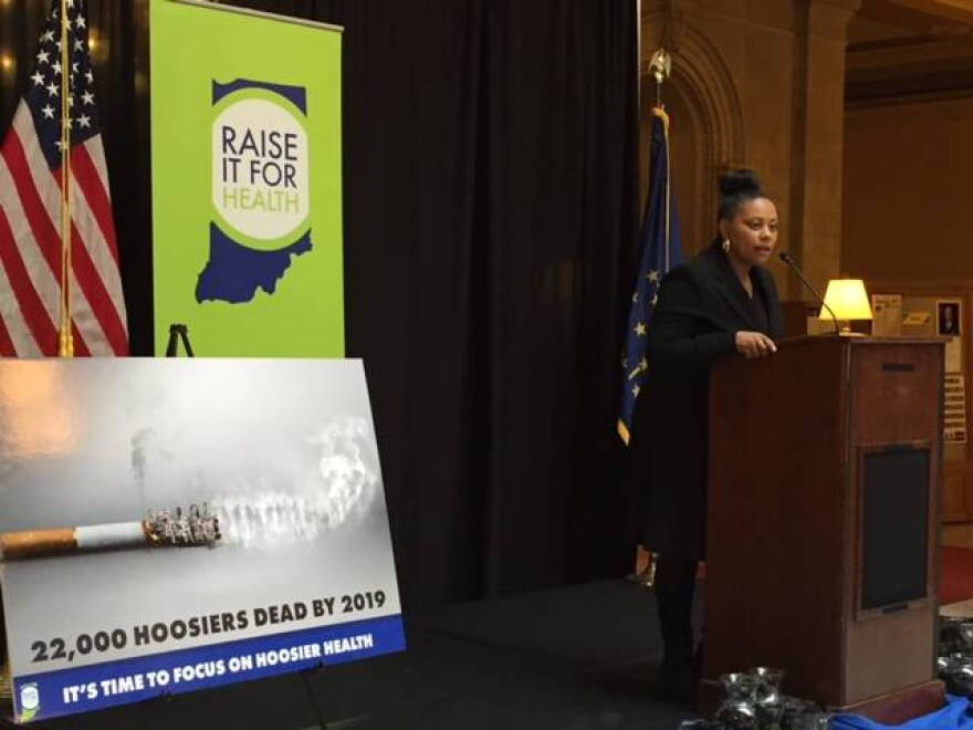 Monique French speaks at a rally to raise the tobacco tax in Indiana.