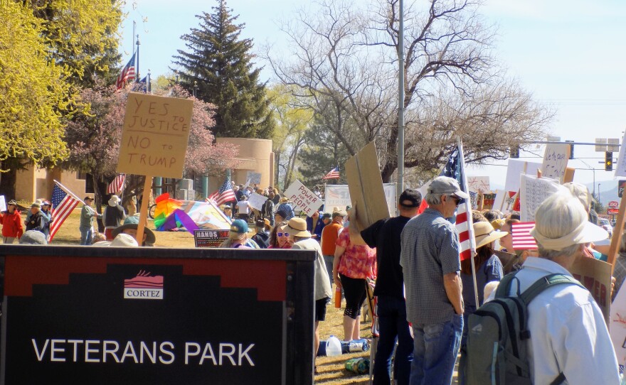 Protesters filled Veterans Park in Cortez over the weekend for a “No Kings” rally, carrying signs and waving flags as part of a nationwide day of action.