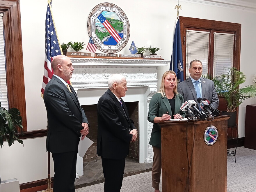 Erie County Legislator Lindsay Lorigo speaks during a news conference Tuesday, October 20, 2026, during which she and other Republicans introduced a renewed proposed resolution to set a sales tax cap on gasoline purchases at two dollars. Jpining Lorigo were, left to right,