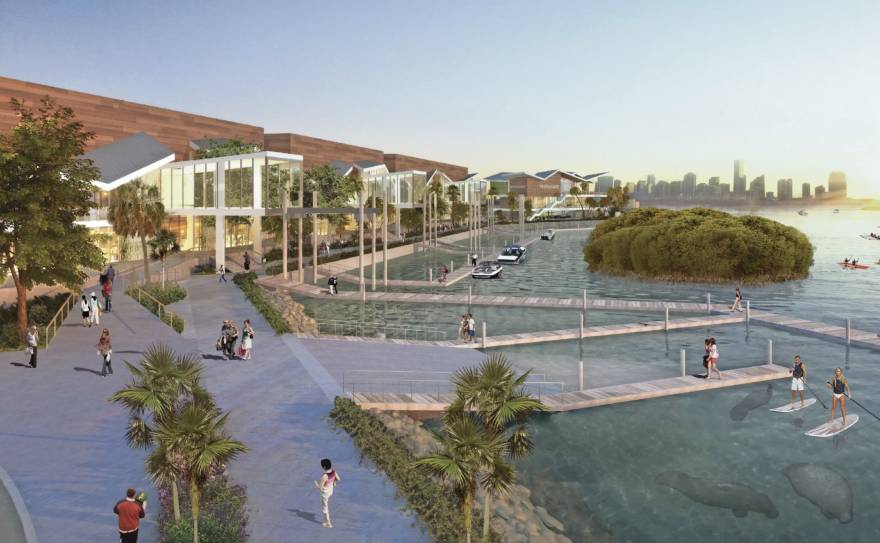 Rendering of the new development, should Referendum 3 pass, shows a people walking along the water, manatees, boats, a skyline and boats.
