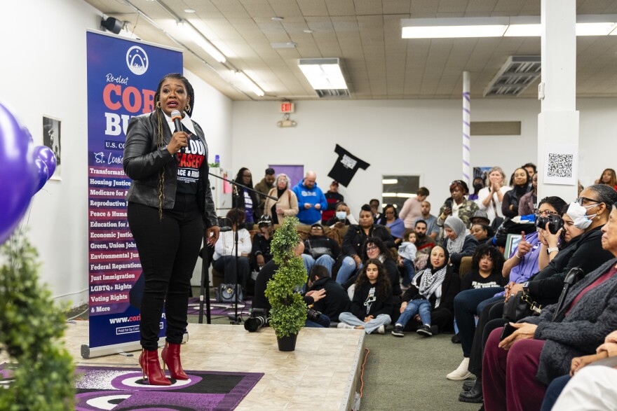 U.S. Rep. Cori Bush, D-St. Louis County, speaks during a campaign event on Saturday, Jan. 27, 2024, in Northwoods. Bush, who was first elected to represent the Missouri's 1st Congressional District in 2020, is up for re-election.